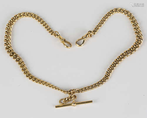 A 9ct gold graduated curblink gentleman's watch Albert chain, fitted with two 9ct gold swivels and a