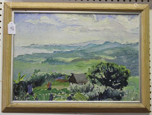 J. Aguilar - Marshy Landscape with Trees and Cottages, 20th century oil on canvas, signed, 59.5cm