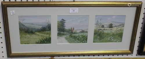 Peter Jay - Downland Landscapes, three 20th century acrylics, all signed, each 14.5cm x 14.5cm,