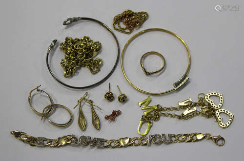 A group of silver gilt jewellery, comprising two bangles, a bracelet detailed 'Love', a bracelet