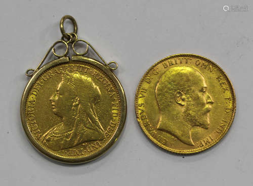 A Victoria Old Head sovereign 1894 Sydney Mint, in a 9ct gold pendant mount, and an Edward VII