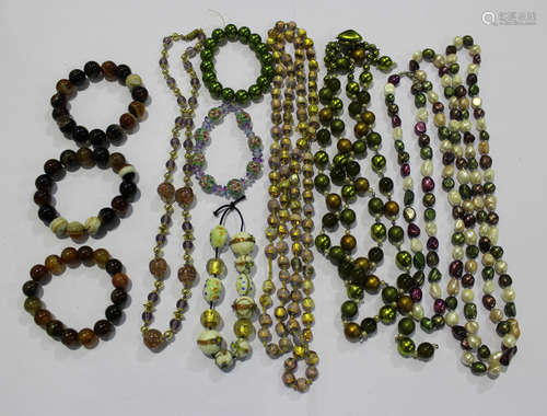 Three vari-coloured agate bead bracelets, three further bead bracelets, two single row necklaces