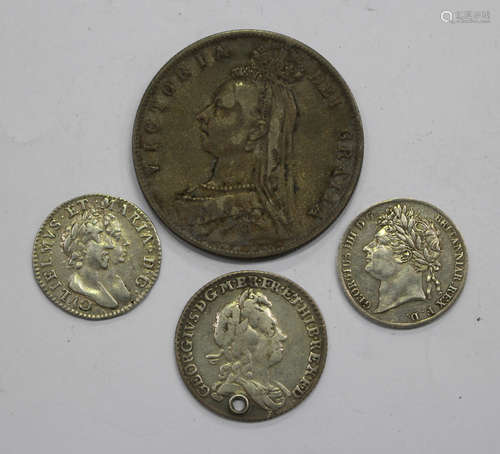 A William and Mary threepence 1689, a George IV fourpence 1826, a George I South Seas Company