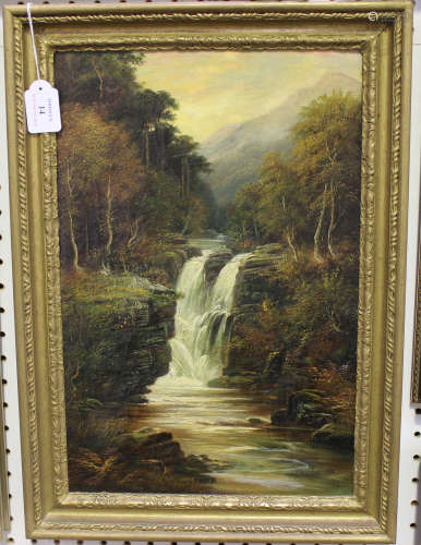George Willis Pryce - River Landscape with Waterfall, 19th century oil on canvas, signed, 44.5cm x