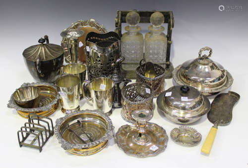 A collection of assorted plated items, including a 19th century Sheffield plate card salver, a