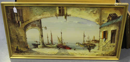 Aguilar-Agon - View of a Harbour through an Arch, 20th century oil on canvas, signed, 49cm x