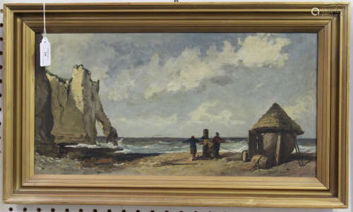 Savile Lumley - 'At Etretat', oil on panel, signed, titled and dated 1875, 25cm x 49cm, within a