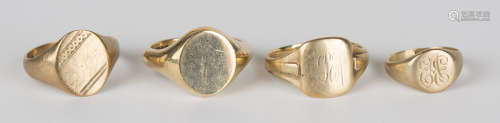 Four 9ct gold signet rings.Buyer’s Premium 29.4% (including VAT @ 20%) of the hammer price. Lots