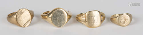 Four 9ct gold signet rings.Buyer’s Premium 29.4% (including VAT @ 20%) of the hammer price. Lots