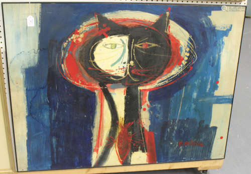 Swedish School - Study of a Stylized Cat, acrylic on board, indistinctly signed, dated 1963 possibly