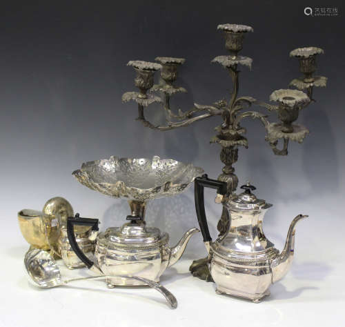 A collection of plated items, including a Victorian nautilus shell spoon warmer, an Elkington & Co