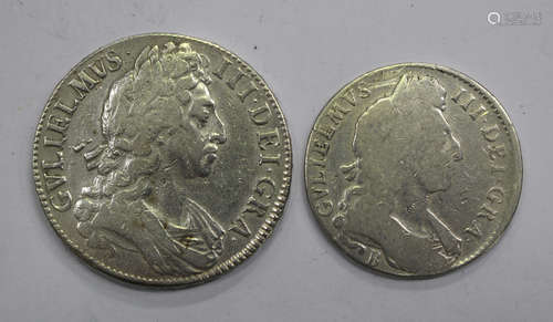 A William III crown 1696, the edge detailed 'Octavo', and a William III half-crown 1696 Bristol