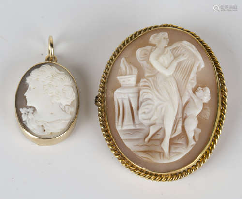 A 9ct gold mounted oval shell cameo brooch, carved as a lady with a cherub within a ropetwist