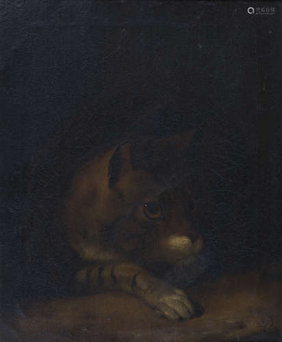 British School - Study of a Cat, oil on canvas, indistinctly signed with monogram and dated 1822,