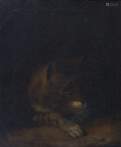 British School - Study of a Cat, oil on canvas, indistinctly signed with monogram and dated 1822,