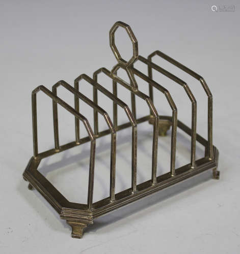 A George V silver six-division toast rack of angular form, Birmingham 1930 by Percy James Finch,