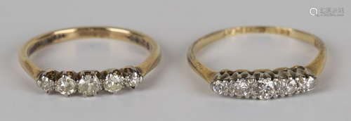 A gold, platinum and diamond five stone ring, mounted with a row of circular cut diamonds graduating