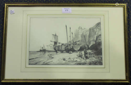 Attributed to Charles Bathurst - Fishing Boats and Figures on the Shore, 19th century pencil, 20.5cm