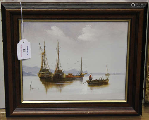 Ken Hammond - Maritime Scene with Sailing Vessels, 20th century oil on canvas, signed, 19cm x