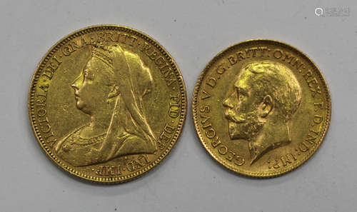 A Victoria Old Head sovereign 1898 Melbourne Mint and a George V half-sovereign 1912.Buyer’s Premium