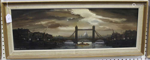 Edward Elliott - Tower Bridge and the River Thames by Moonlight, 20th century oil on board,