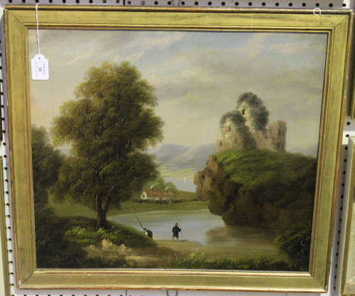 British School - River Landscape with Fishermen and Castle Ruin, 19th century oil on canvas, 49cm