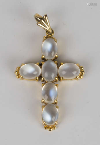 A 9ct gold and moonstone pendant cross, mounted with six oval moonstones, London 1978, length 4.