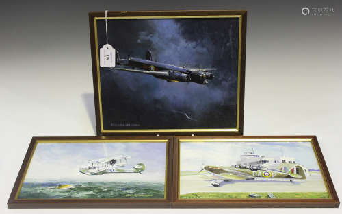 Peter Champion - Whitley Bomber in the Night Sky, oil on canvas laid on board, signed, 24cm x