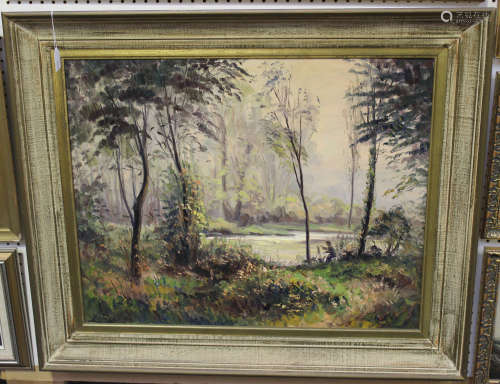 Louis Montaigu - Artist at an Easel within a Wooded Landscape, 20th century oil on board, signed,