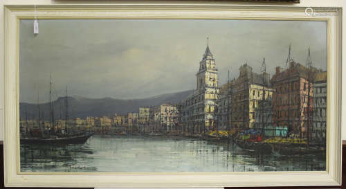 Teadorsi - Harbour Scene, possibly Italy, 20th century oil on canvas, signed, 58.5cm x 119.5cm,