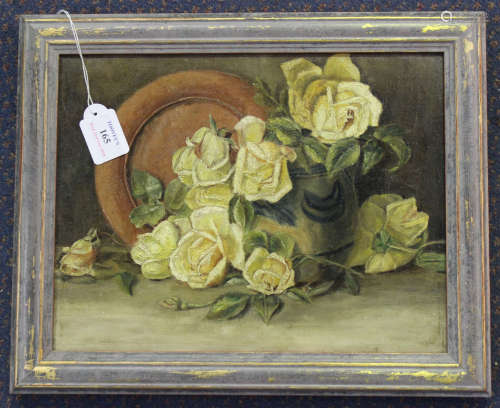 British School - Still Life with Roses, Vase and Plate, early 20th century oil on canvas, 25cm x