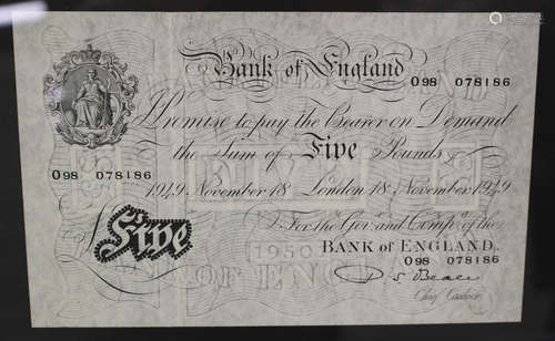 A Bank of England black and white five pounds note, 18th November 1949, chief cashier P.S. Beale,