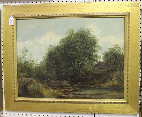 British School - Landscape with River, Trees and Ducks, oil on canvas, indistinctly signed and
