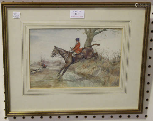 T.B. Gravely - Fox Hunting Scene, watercolour, signed and dated '18, 17.5cm x 24.5cm, within a