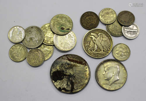 A group of USA coins, comprising two half-dollars, 1940 and 1964, three dimes, 1886, 1895 S and