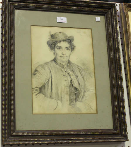 Eduard von Grützner - Portrait of a Lady wearing a Hat, monochrome pencil with watercolour,