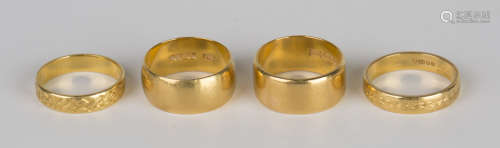 Four 22ct gold wedding rings.Buyer’s Premium 29.4% (including VAT @ 20%) of the hammer price. Lots