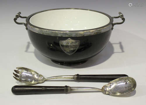 A late Victorian plate mounted ebonized wooden salad bowl with white glazed ceramic liner, width