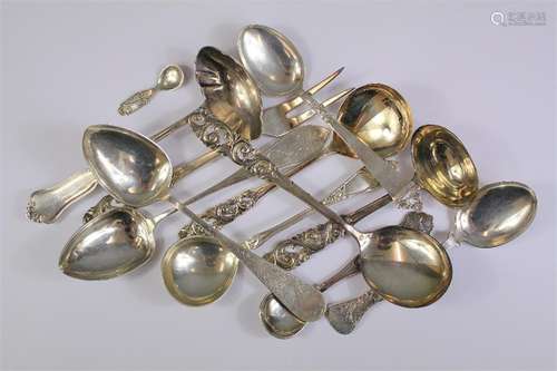 Four Continental Silver Serving Spoons, Ladle and Fork