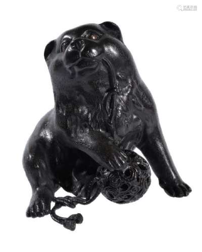A Japanese Bronze Group of a Puppy