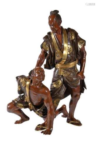 Gyokko: A Parcel Gilt Bronze Group of Two Samurai