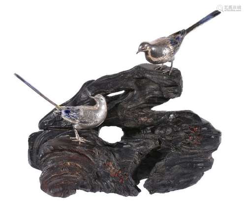 A Japanese Silver and Enamel Group of Two Wagtails