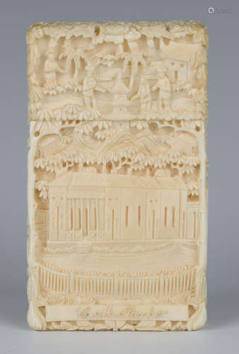 A mid-19th century Chinese Canton export carved ivory card case, one side carved in relief with a