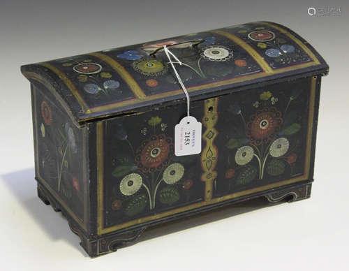 A 19th century Scandinavian painted miniature trunk, decorated with flowers and inscribed '