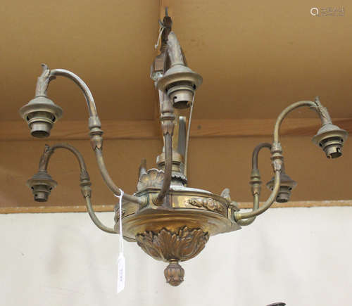 A pair of Edwardian cast brass six light ceiling chandeliers with acanthus leaf terminals, height