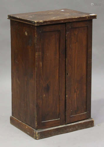 A 19th century stained pine collector's cabinet, fitted with two doors enclosing six drawers, on a