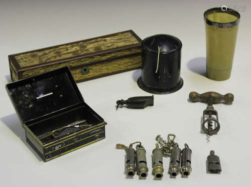 A small group of collectors' items, including a 'LB & SCR' horn railway whistle, five other cast