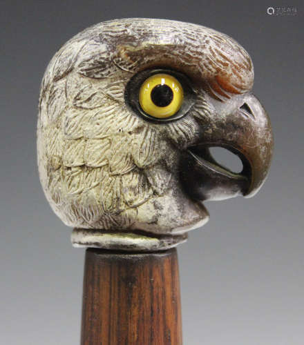 A late 20th century painted cast resin handled walking cane, the handle in the form of a parrot's