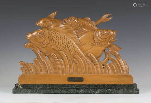 Jean Degeilh - 'Marine', an Art Deco style carved walnut single-sided relief in the form of four