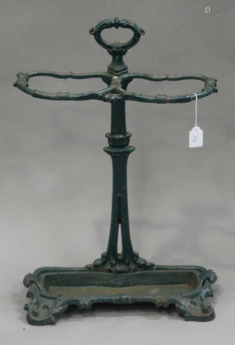 A late 19th century French green painted cast iron stick stand of foliate form, height 72cm.Buyer’